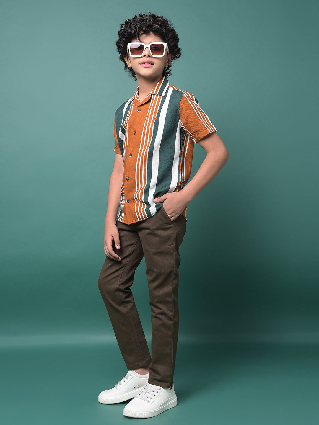 Brown Vertical Stripes Resort Collar Shirt-Boys Shirts-Crimsoune Club