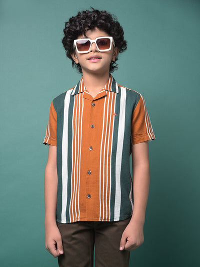 Brown Vertical Stripes Resort Collar Shirt-Boys Shirts-Crimsoune Club