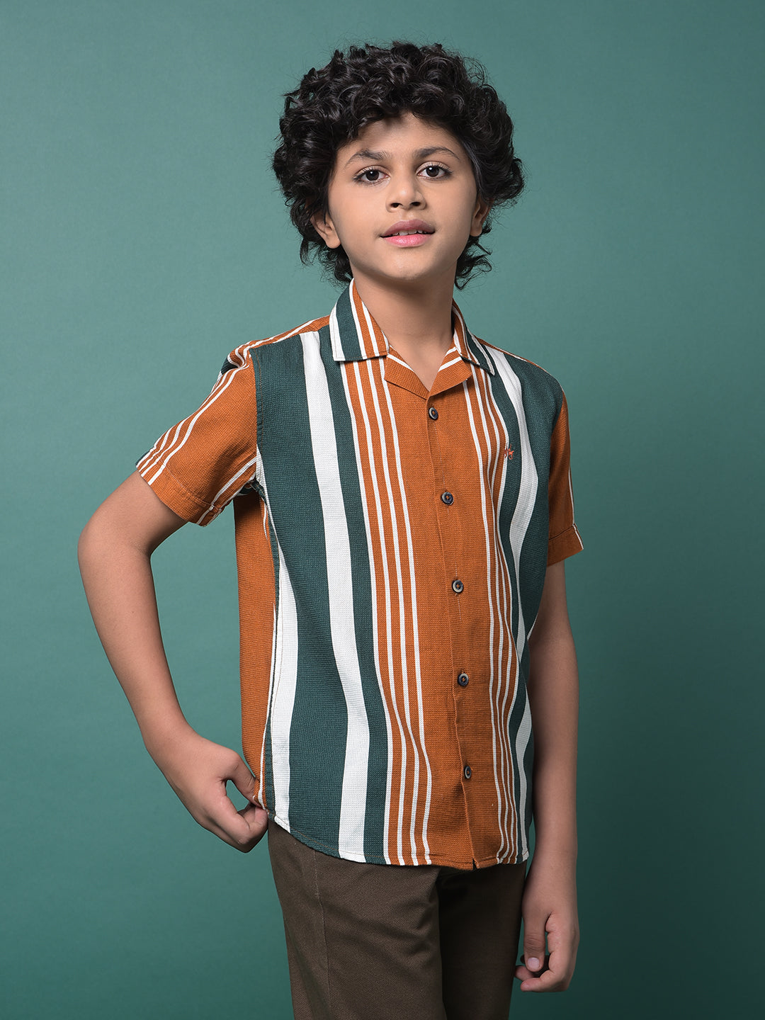 Brown Vertical Stripes Resort Collar Shirt-Boys Shirts-Crimsoune Club