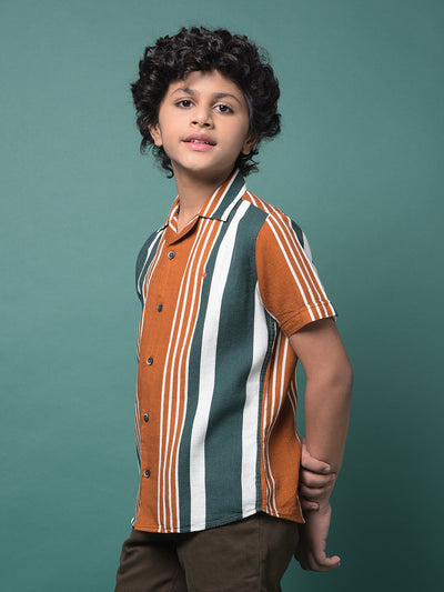 Brown Vertical Stripes Resort Collar Shirt-Boys Shirts-Crimsoune Club