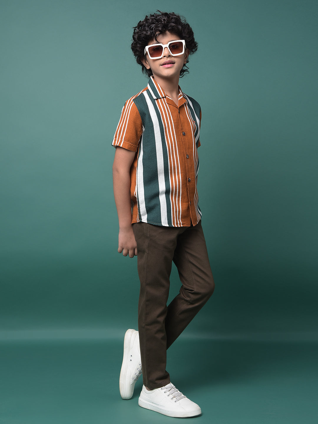 Brown Vertical Stripes Resort Collar Shirt-Boys Shirts-Crimsoune Club