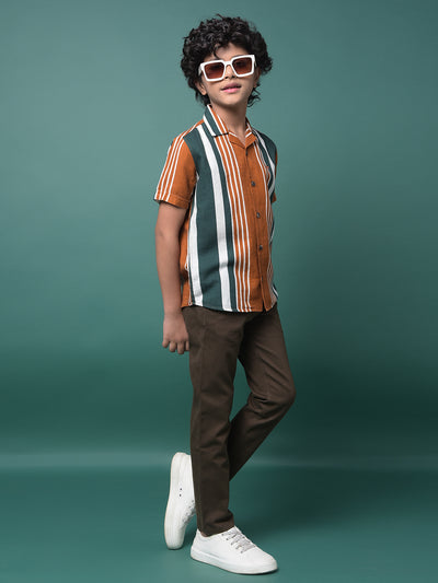Brown Vertical Stripes Resort Collar Shirt-Boys Shirts-Crimsoune Club
