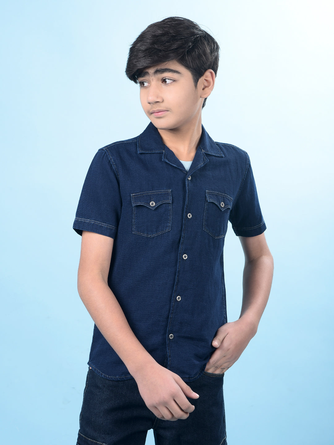 Navy Blue 100% Cotton Resort Collar Denim Shirt-Boys Shirts-Crimsoune Club