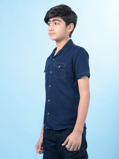 Navy Blue 100% Cotton Resort Collar Denim Shirt-Boys Shirts-Crimsoune Club