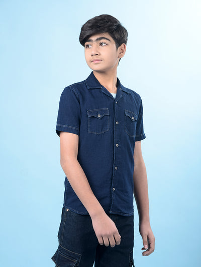 Navy Blue 100% Cotton Resort Collar Denim Shirt-Boys Shirts-Crimsoune Club