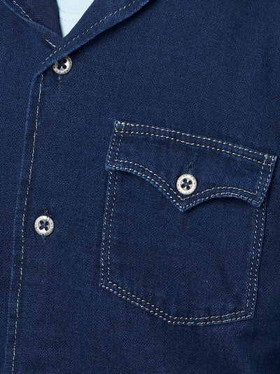 Navy Blue 100% Cotton Resort Collar Denim Shirt-Boys Shirts-Crimsoune Club