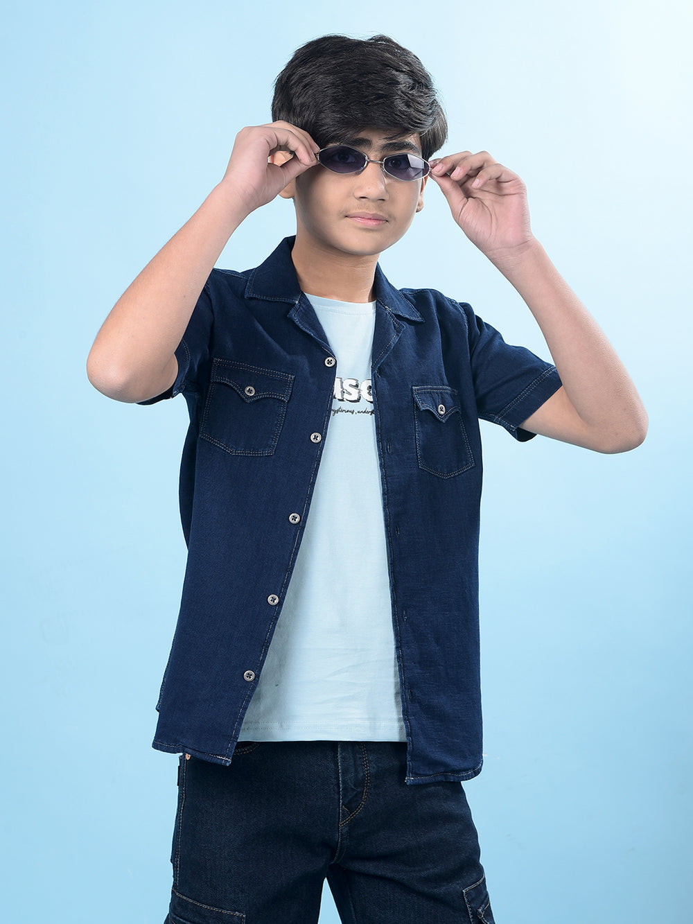 Navy Blue 100% Cotton Resort Collar Denim Shirt-Boys Shirts-Crimsoune Club