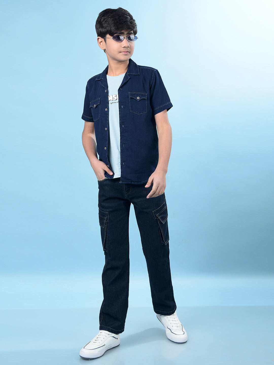 Navy Blue 100% Cotton Resort Collar Denim Shirt-Boys Shirts-Crimsoune Club