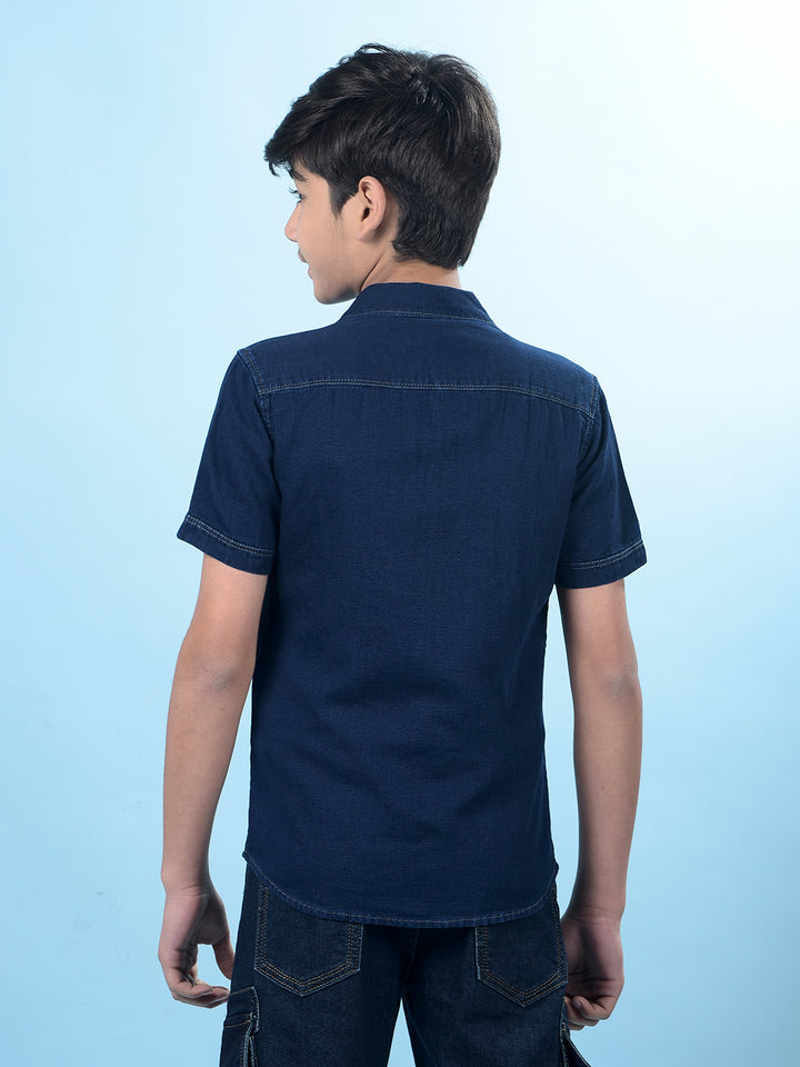 Navy Blue 100% Cotton Resort Collar Denim Shirt-Boys Shirts-Crimsoune Club