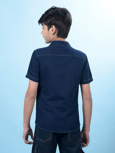 Navy Blue 100% Cotton Resort Collar Denim Shirt-Boys Shirts-Crimsoune Club