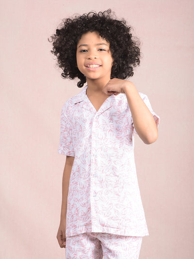 Peach Floral Print 100% Cotton Cuban Collar Knitted Shirt-Boys Shirts-Crimsoune Club