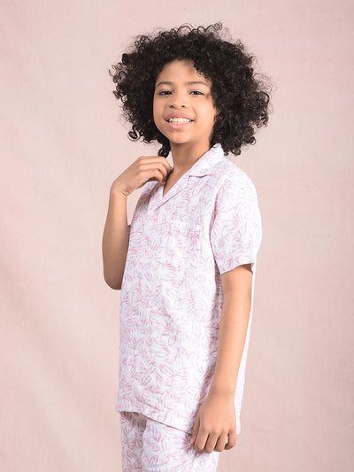 Peach Floral Print 100% Cotton Cuban Collar Knitted Shirt-Boys Shirts-Crimsoune Club