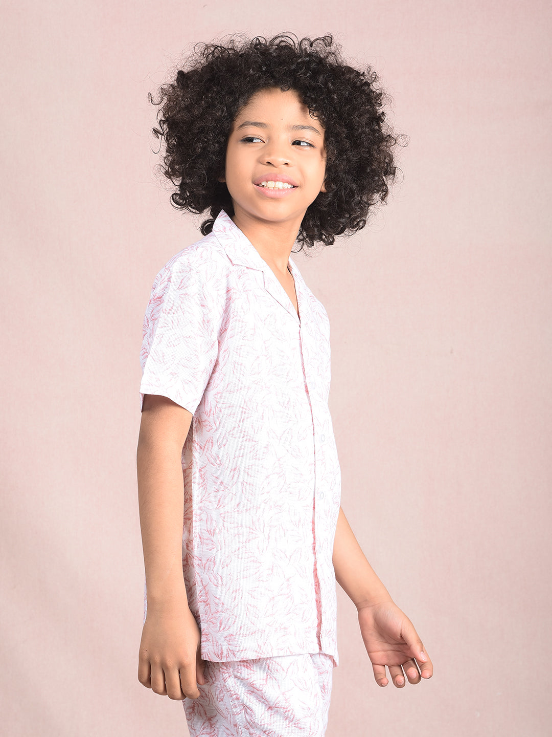 Peach Floral Print 100% Cotton Cuban Collar Knitted Shirt-Boys Shirts-Crimsoune Club