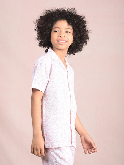 Peach Floral Print 100% Cotton Cuban Collar Knitted Shirt-Boys Shirts-Crimsoune Club