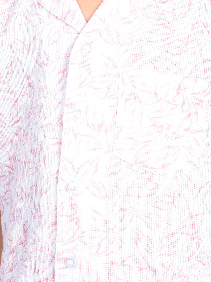 Peach Floral Print 100% Cotton Cuban Collar Knitted Shirt-Boys Shirts-Crimsoune Club