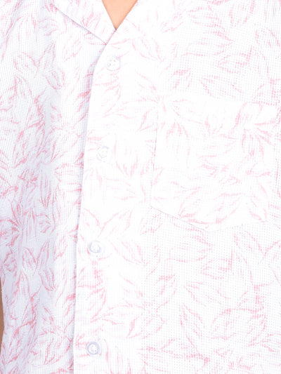 Peach Floral Print 100% Cotton Cuban Collar Knitted Shirt-Boys Shirts-Crimsoune Club