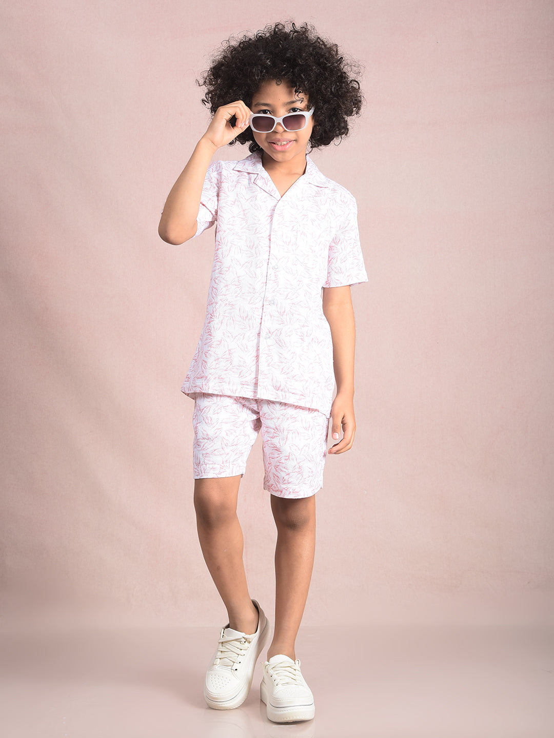 Peach Floral Print 100% Cotton Cuban Collar Knitted Shirt-Boys Shirts-Crimsoune Club