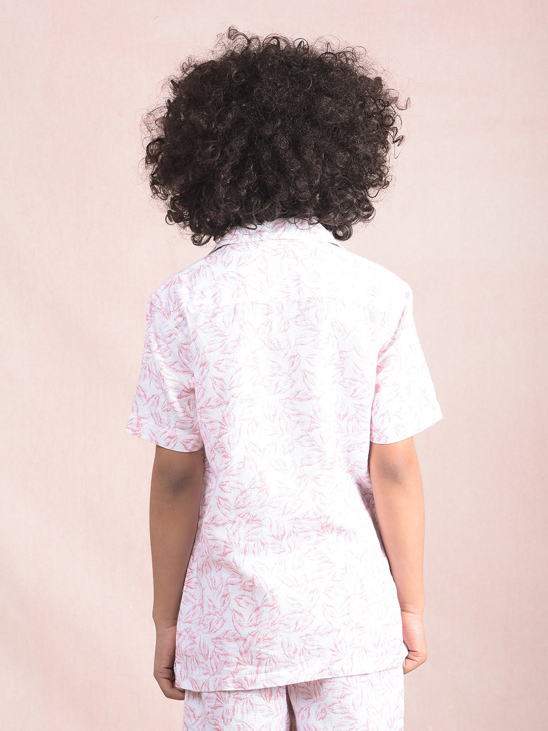 Peach Floral Print 100% Cotton Cuban Collar Knitted Shirt-Boys Shirts-Crimsoune Club