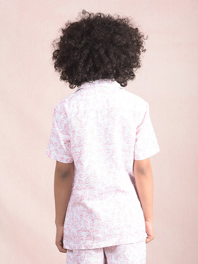 Peach Floral Print 100% Cotton Cuban Collar Knitted Shirt-Boys Shirts-Crimsoune Club