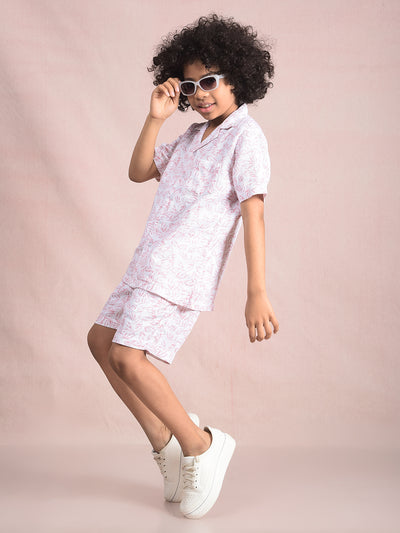 Peach Floral Print 100% Cotton Cuban Collar Knitted Shirt-Boys Shirts-Crimsoune Club