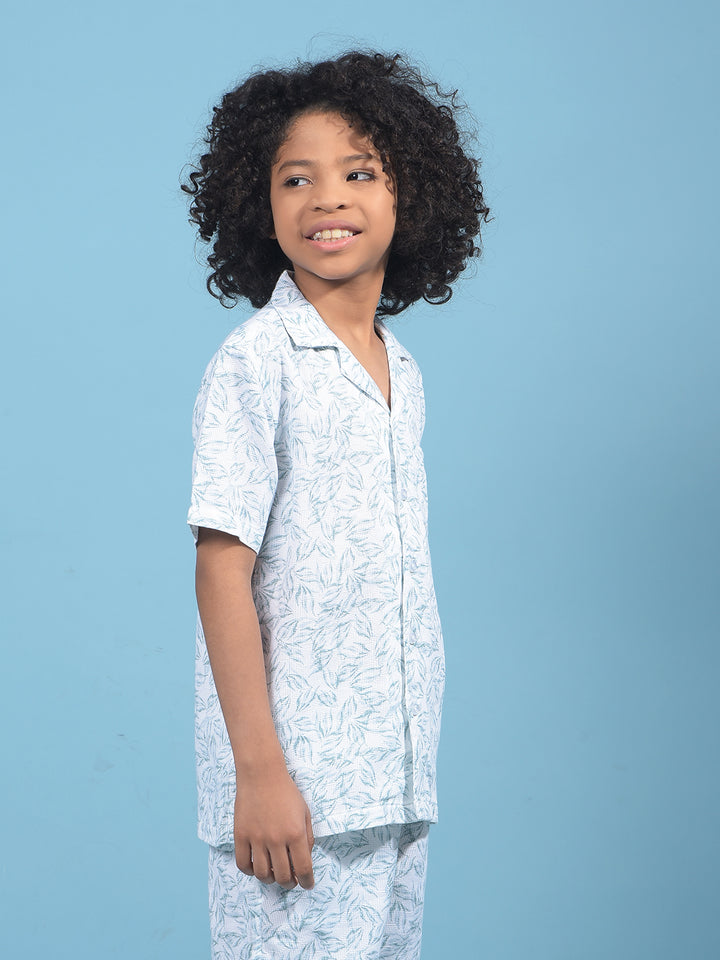 Green Floral Print Resort Collar Shirt-Boys Shirts-Crimsoune Club