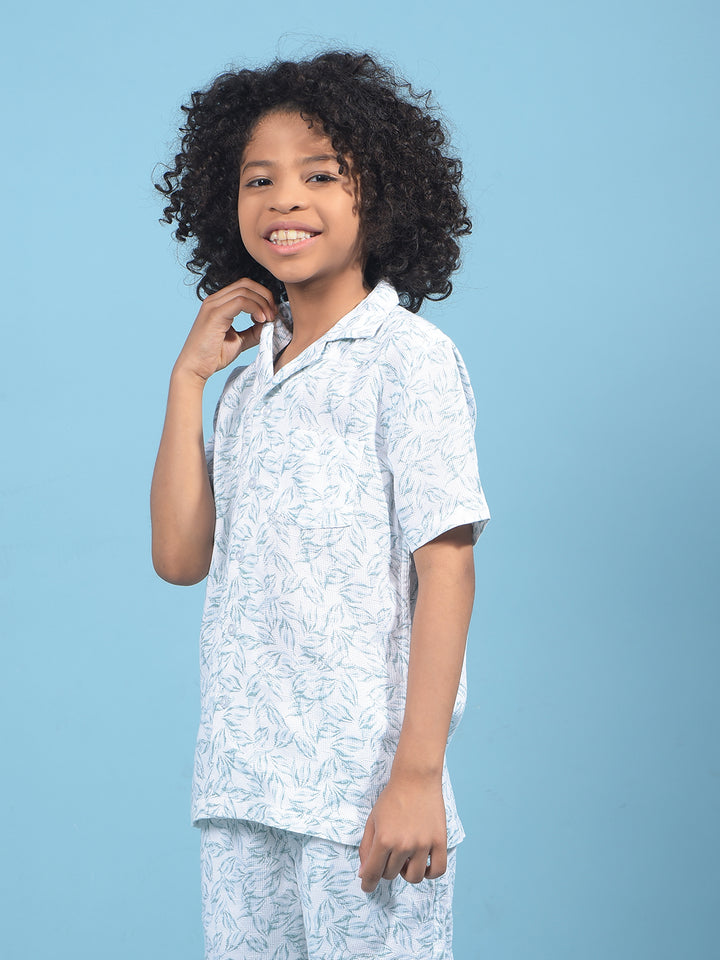 Green Floral Print Resort Collar Shirt-Boys Shirts-Crimsoune Club