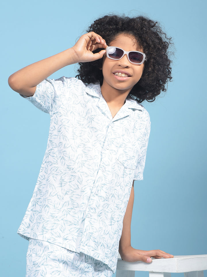 Green Floral Print Resort Collar Shirt-Boys Shirts-Crimsoune Club