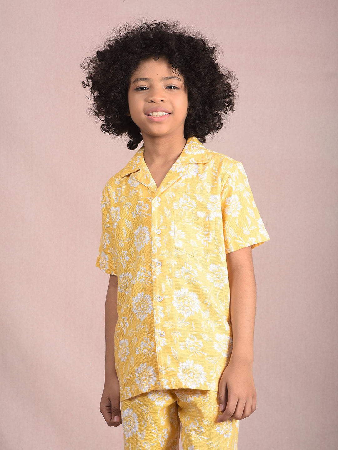 Yellow Floral Print 100% Cotton Cuban Collar Knitted Shirt-Boys Shirts-Crimsoune Club
