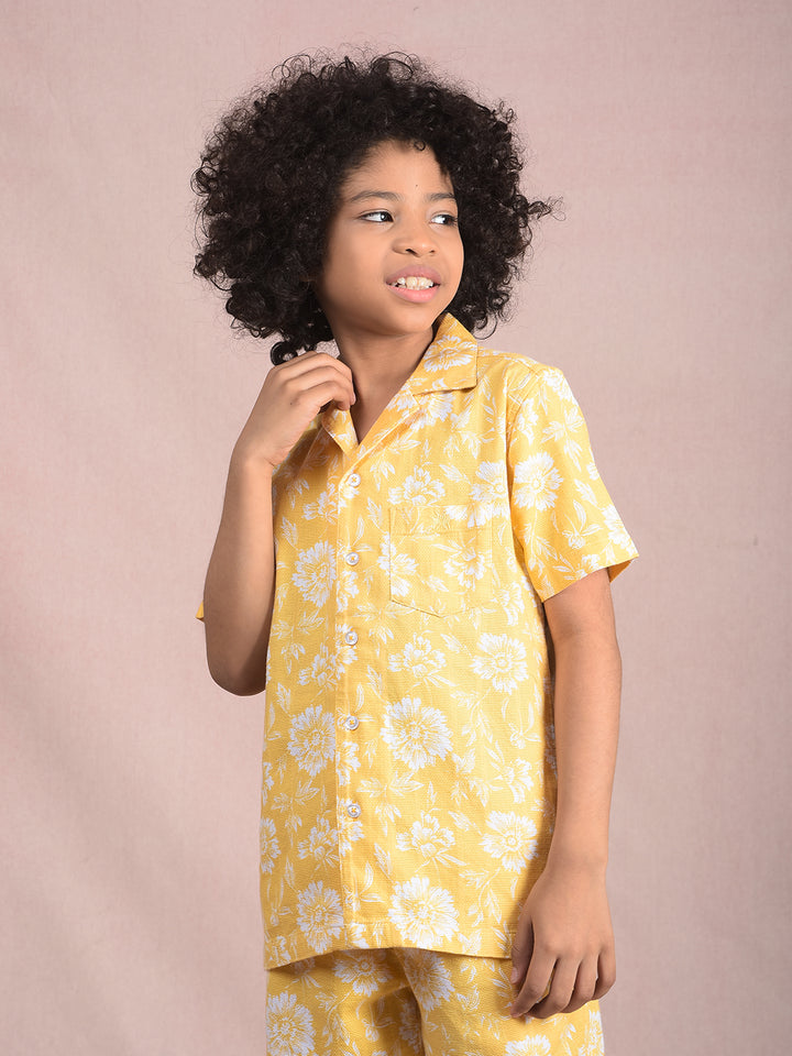 Yellow Floral Print 100% Cotton Cuban Collar Knitted Shirt-Boys Shirts-Crimsoune Club