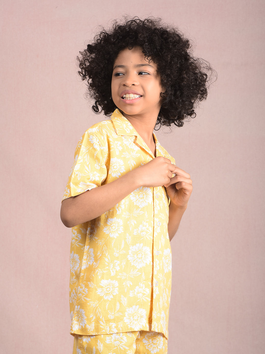 Yellow Floral Print 100% Cotton Cuban Collar Knitted Shirt-Boys Shirts-Crimsoune Club