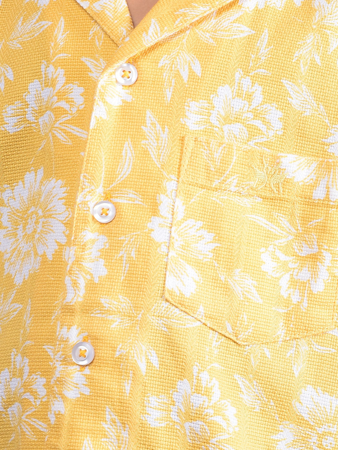 Yellow Floral Print 100% Cotton Cuban Collar Knitted Shirt-Boys Shirts-Crimsoune Club