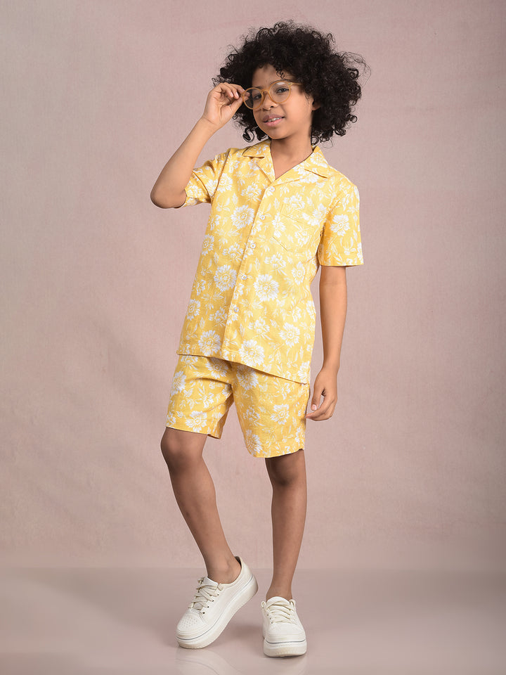 Yellow Floral Print 100% Cotton Cuban Collar Knitted Shirt-Boys Shirts-Crimsoune Club