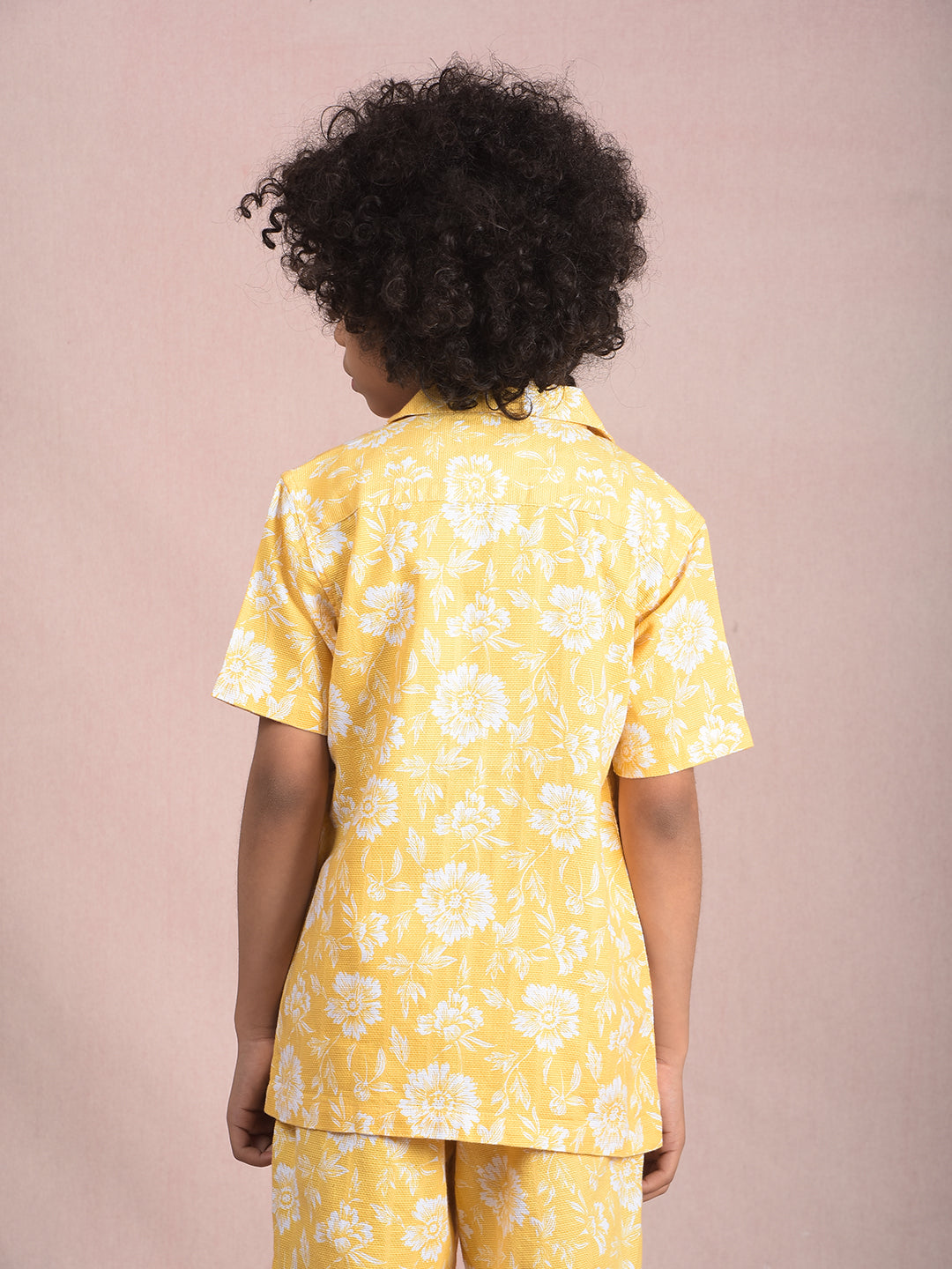Yellow Floral Print 100% Cotton Cuban Collar Knitted Shirt-Boys Shirts-Crimsoune Club