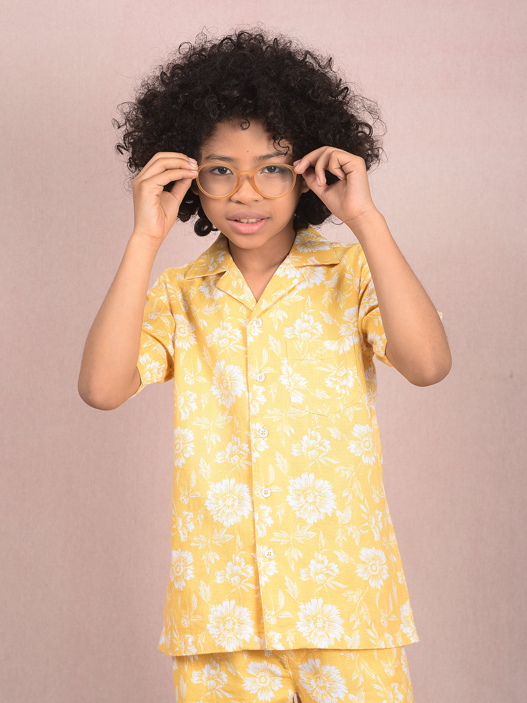 Yellow Floral Print 100% Cotton Cuban Collar Knitted Shirt-Boys Shirts-Crimsoune Club