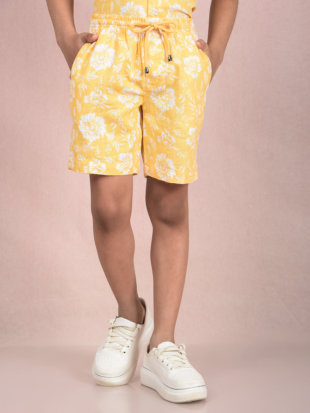 Yellow Floral Print 100% Cotton Knitted Shorts-Boys Shorts-Crimsoune Club