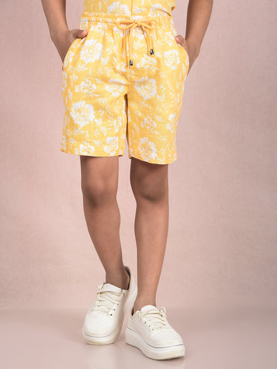 Yellow Floral Print 100% Cotton Knitted Shorts-Boys Shorts-Crimsoune Club