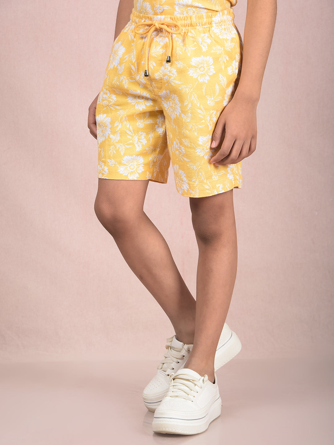 Yellow Floral Print 100% Cotton Knitted Shorts-Boys Shorts-Crimsoune Club