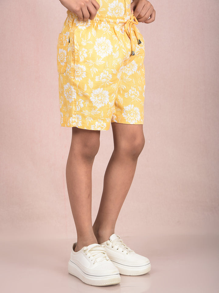 Yellow Floral Print 100% Cotton Knitted Shorts-Boys Shorts-Crimsoune Club