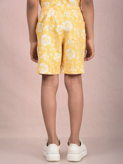 Yellow Floral Print 100% Cotton Knitted Shorts-Boys Shorts-Crimsoune Club