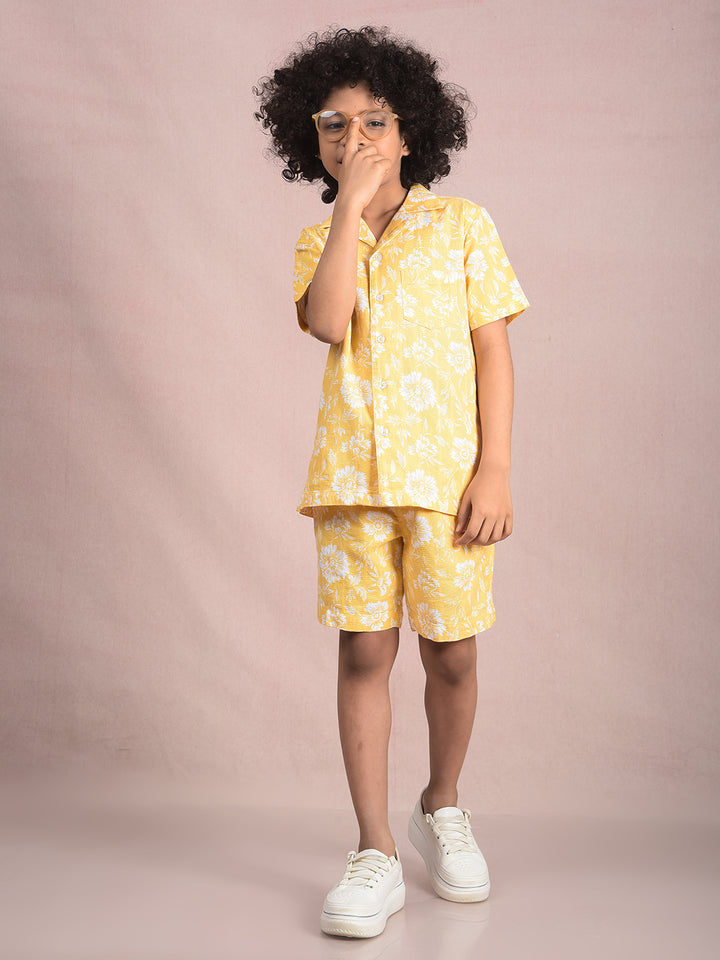 Yellow Floral Print 100% Cotton Knitted Shorts-Boys Shorts-Crimsoune Club