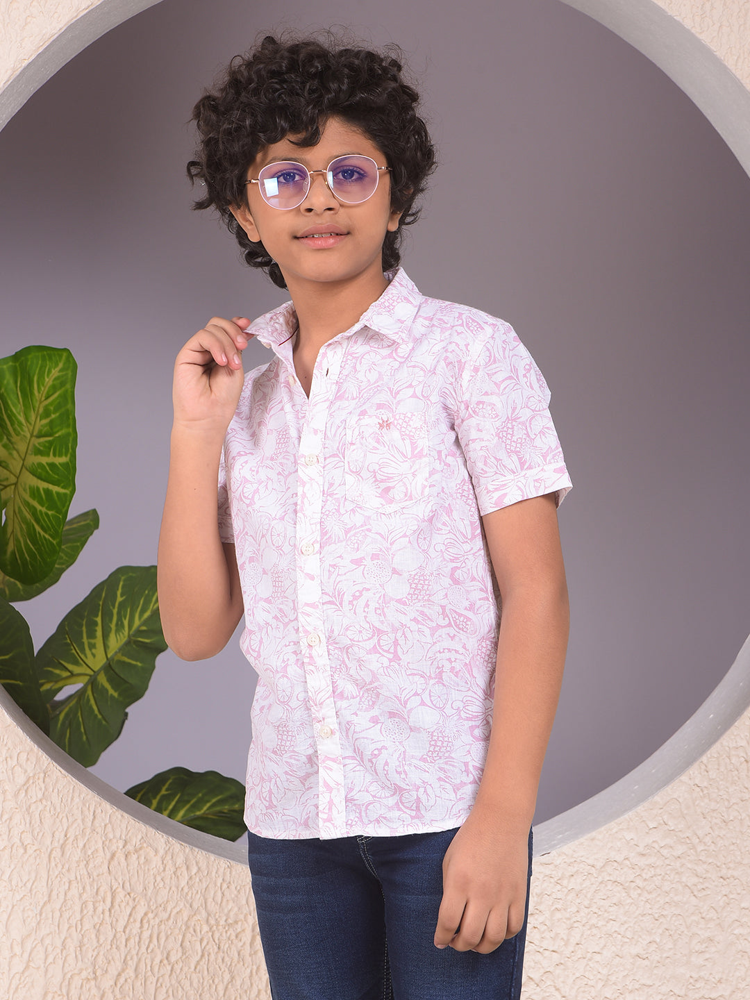 Purple Floral Print Linen Shirt-Boys Shirts-Crimsoune Club
