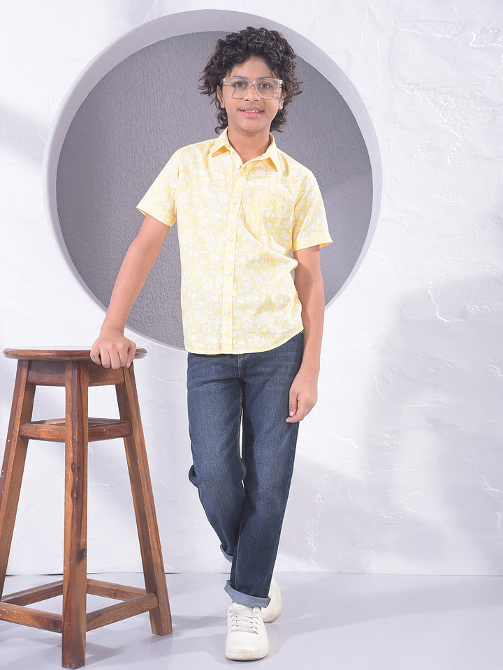 Yellow Floral Print 100% Cotton Shirt-Boys Shirts-Crimsoune Club