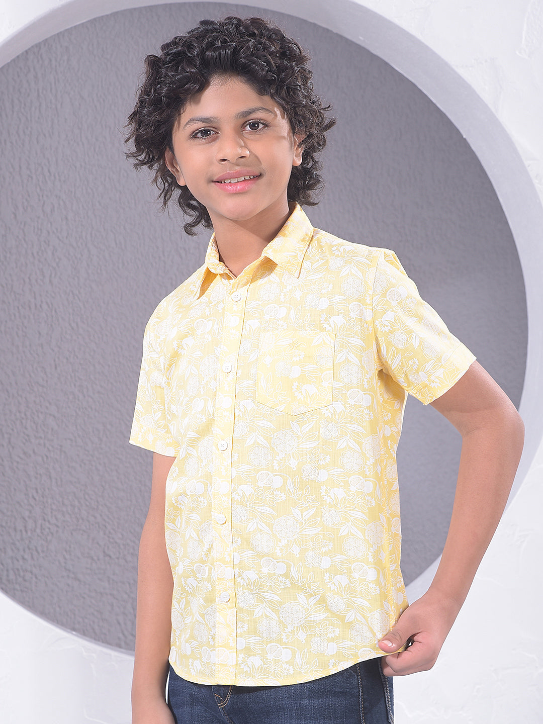 Yellow Floral Print 100% Cotton Shirt-Boys Shirts-Crimsoune Club