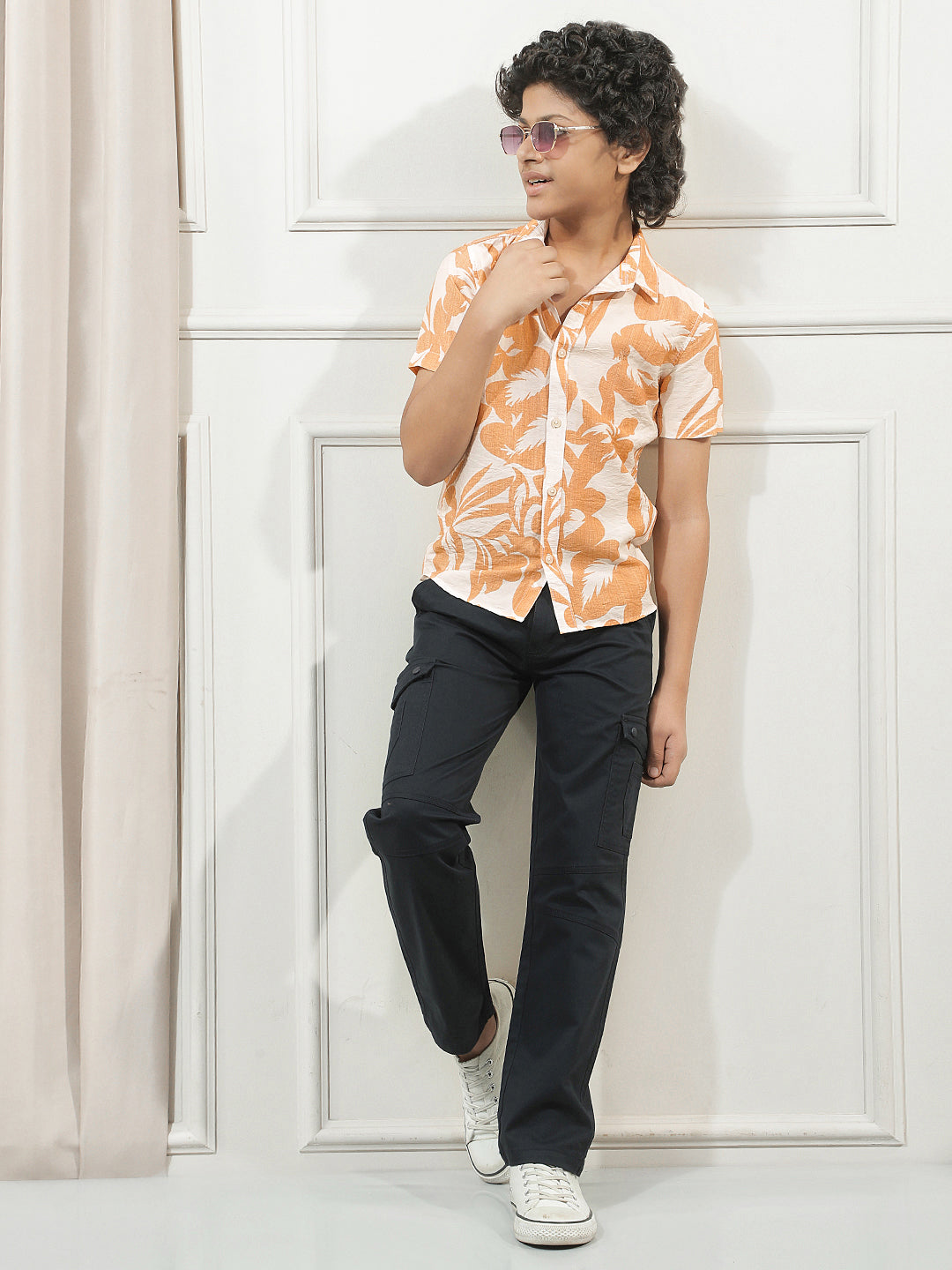 Orange Floral Print Shirt-Boys Shirts-Crimsoune Club