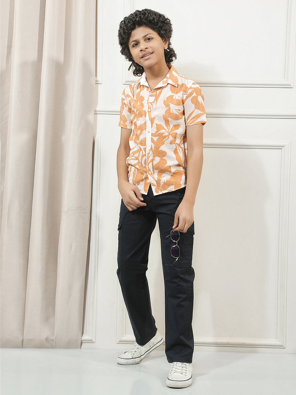 Orange Floral Print Shirt-Boys Shirts-Crimsoune Club