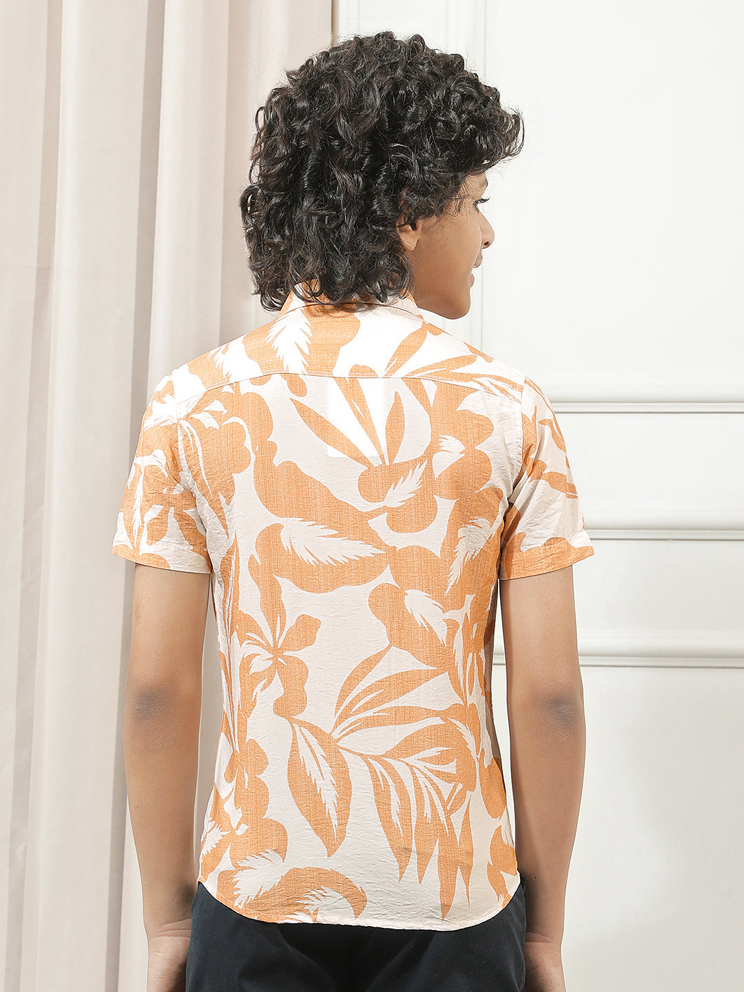 Orange Floral Print Shirt-Boys Shirts-Crimsoune Club