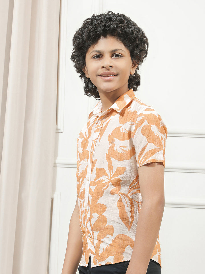 Orange Floral Print Shirt-Boys Shirts-Crimsoune Club