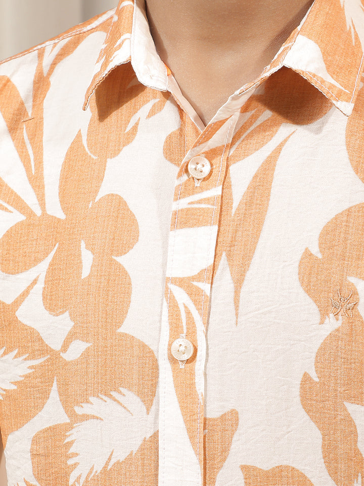 Orange Floral Print Shirt-Boys Shirts-Crimsoune Club
