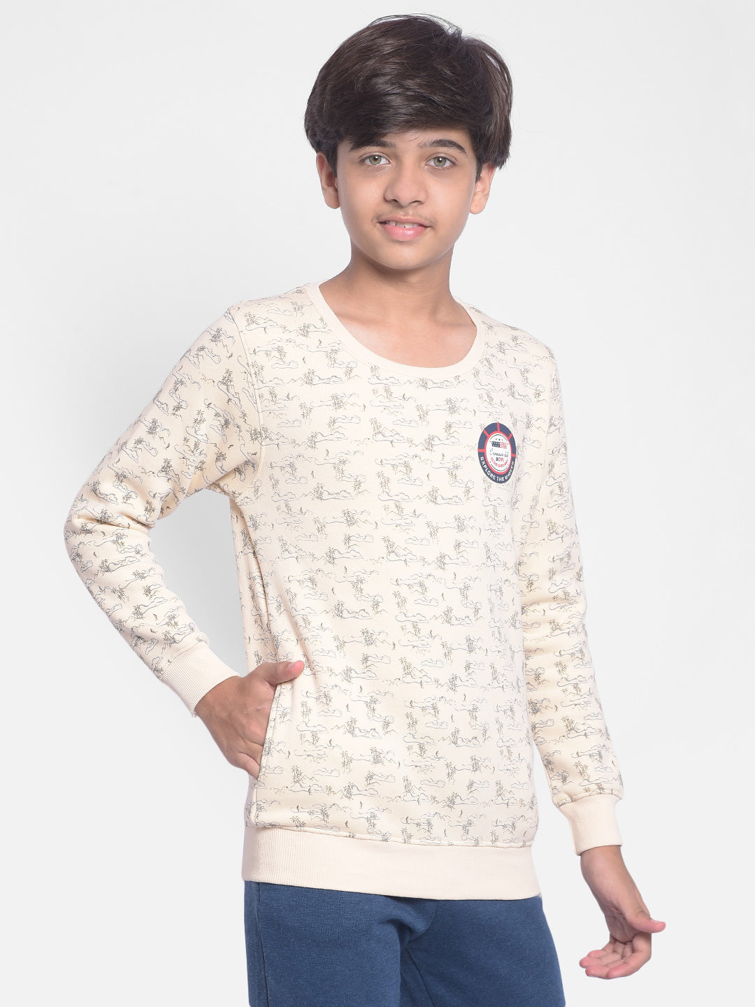 Beige Printed Sweatshirt-Boys Sweatshirt-Crimsoune Club