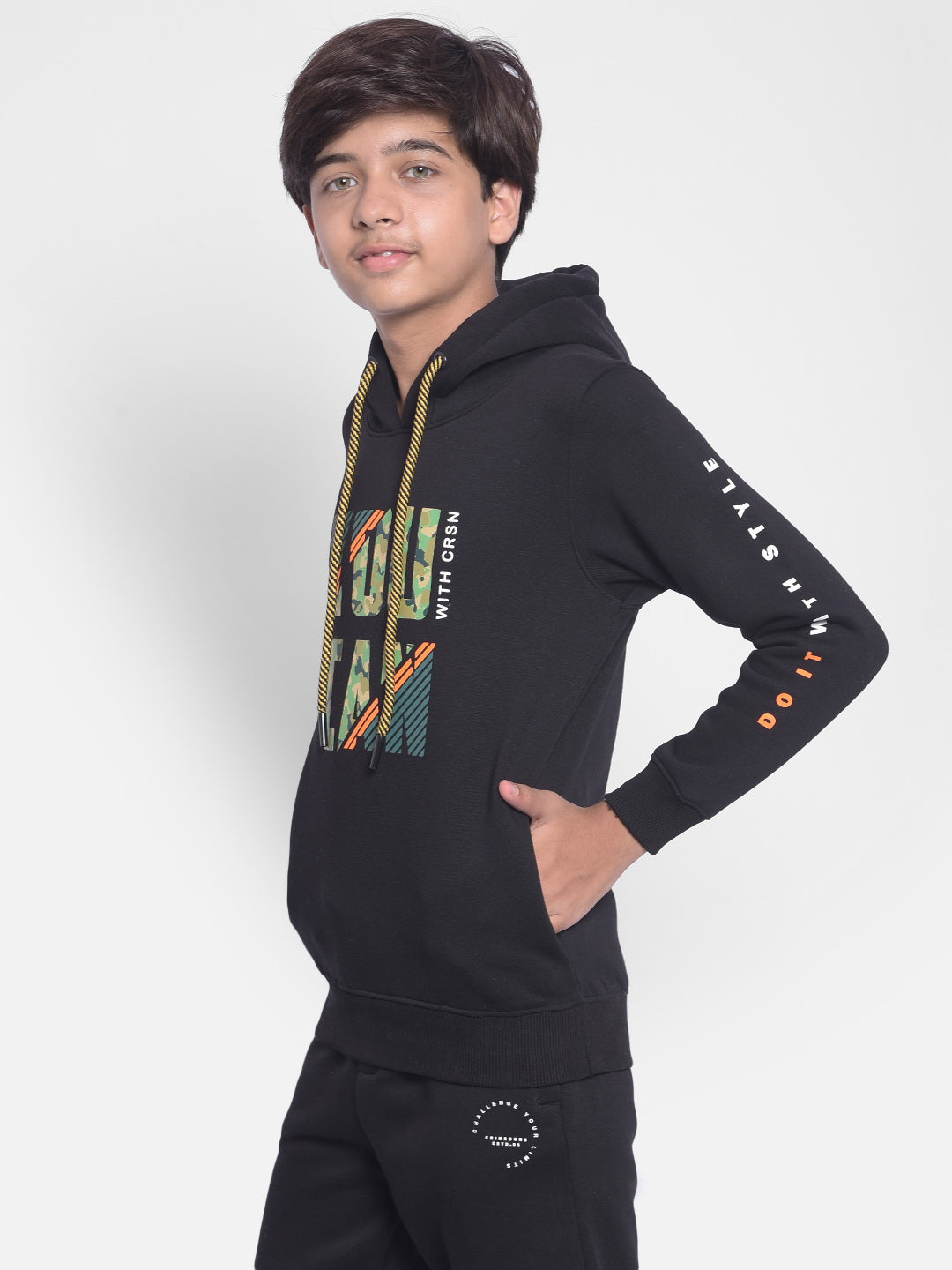 Black Printed Sweatshirt With Hood-Boys Sweatshirt-Crimsoune Club